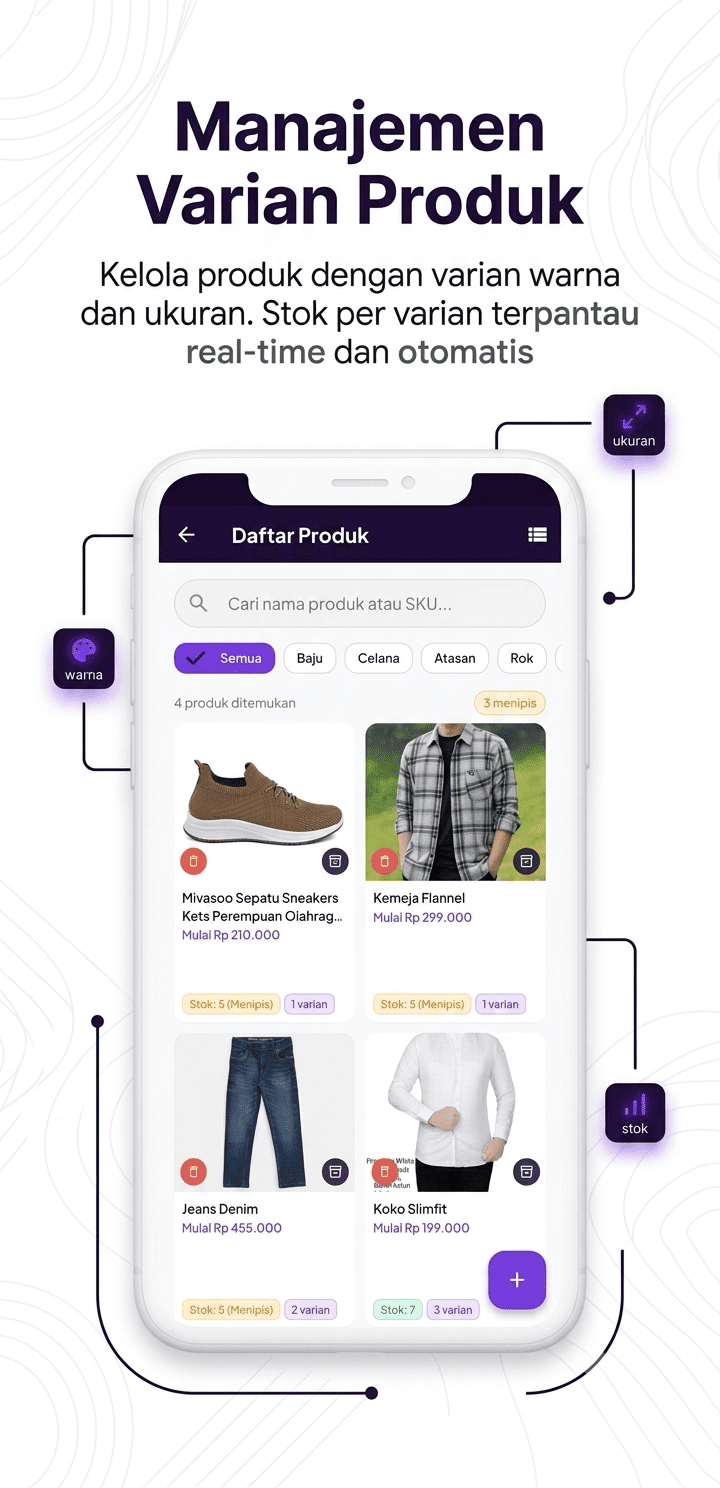 Manajemen produk warna dan ukuran Kasir Gaya POS